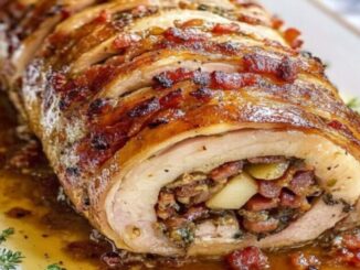 Suculento, aromático e repleto de sabor, este rolo de lombo de porco recheado com maçã e bacon é uma verdadeira delícia