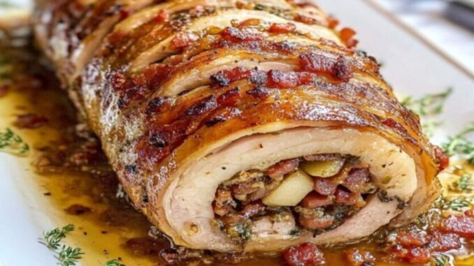 lombo Suculento, aromático e repleto de sabor, este rolo de lombo de porco recheado com maçã e bacon é uma verdadeira delícia